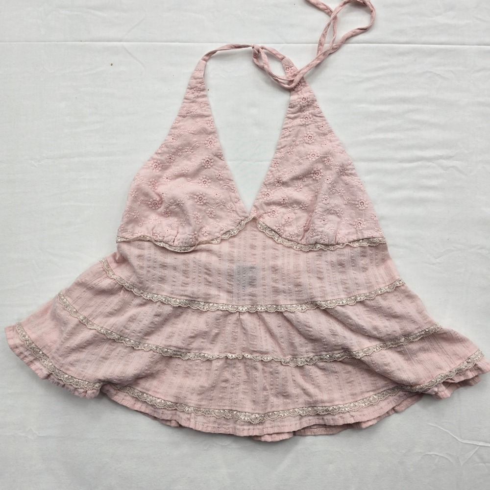 XS Pink Halter Top Y2K Lace Ruffle Eyelet Fairycore Coquette Babydoll Festival